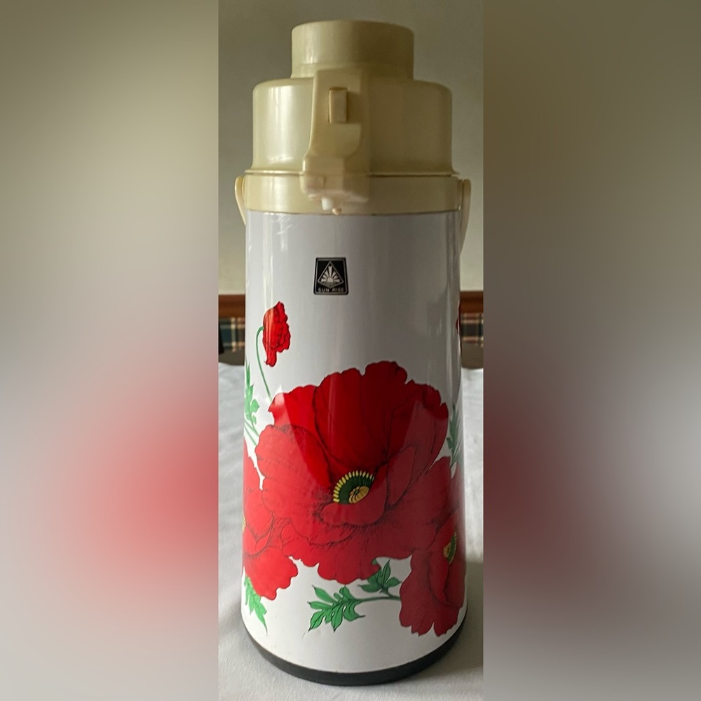 Sunrise Retro Coffee Pump Dispenser Poppy Floral Design Hot Cold Thermos Vintage